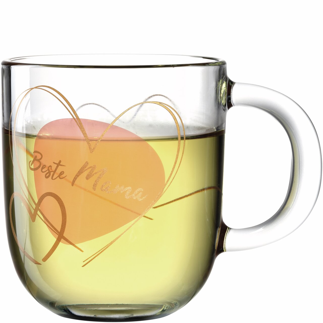 Glas-Tasse mit der Aufschrift 'Beste Mama' und Herzmotiv, seitliche Perspektive