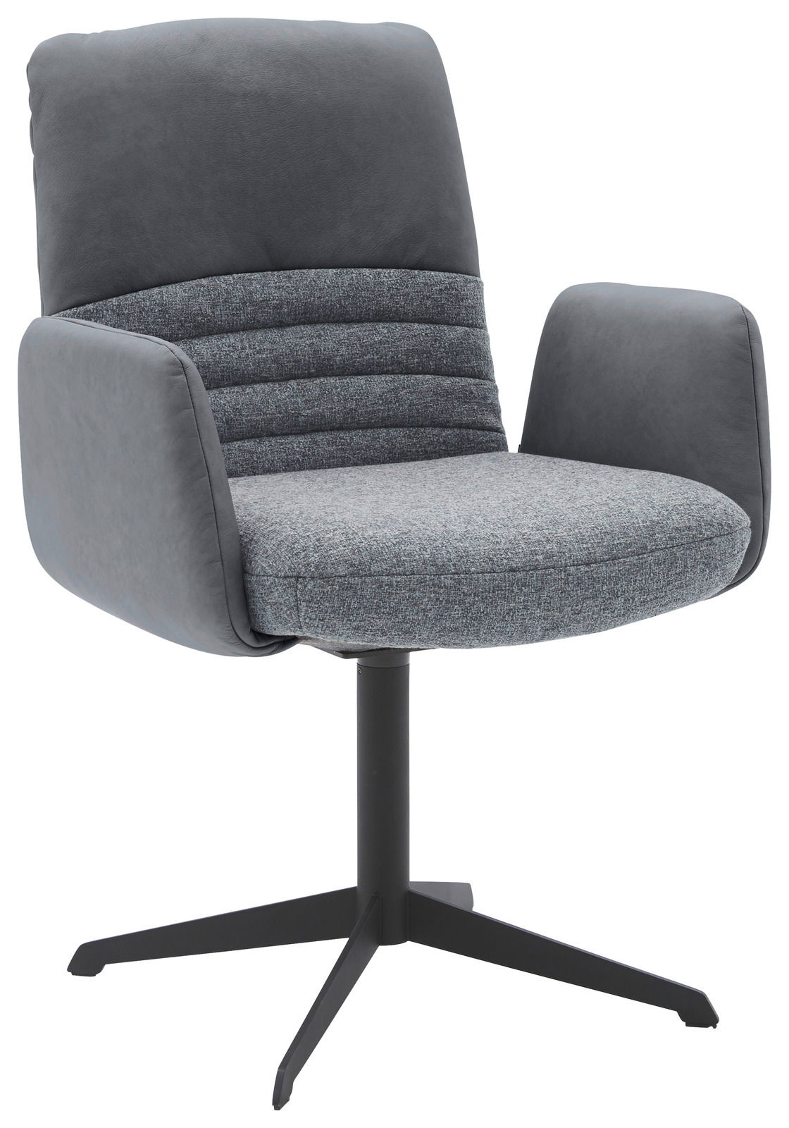 Grauer Armlehnstuhl mit gepolsterter Sitzfläche und Rückenlehne, seitliche Ansicht