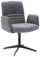 Grauer Armlehnstuhl mit gepolsterter Sitzfläche und Rückenlehne, seitliche Ansicht