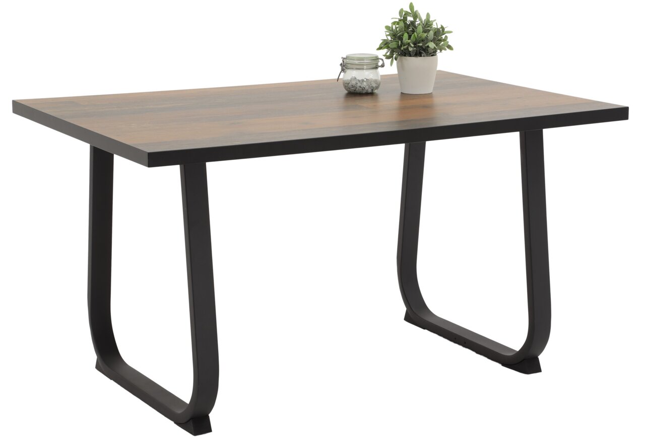 Moderner Esstisch mit dunkler Holzplatte und schwarzen Metallbeinen, seitliche Perspektive