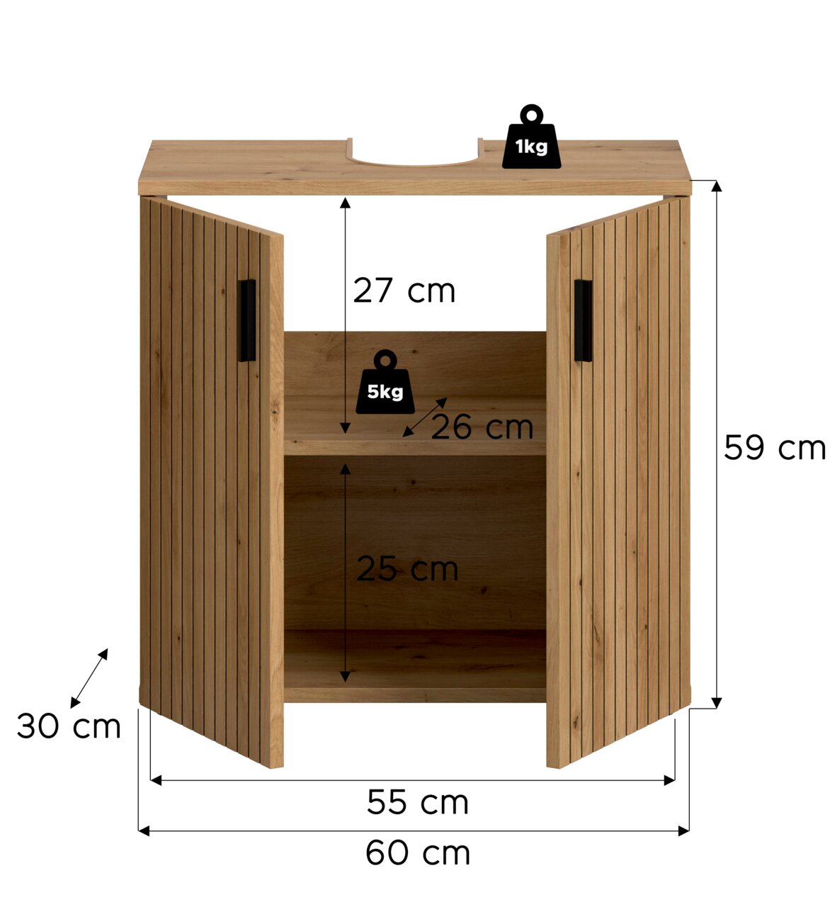 Frontansicht eines offenen Badezimmer-Waschtischunterschranks aus Holz mit zwei Lamellentüren und schwarzem Griff, Ausschnitt für Siphon, Maße ca. 60 x 59 x 30 cm