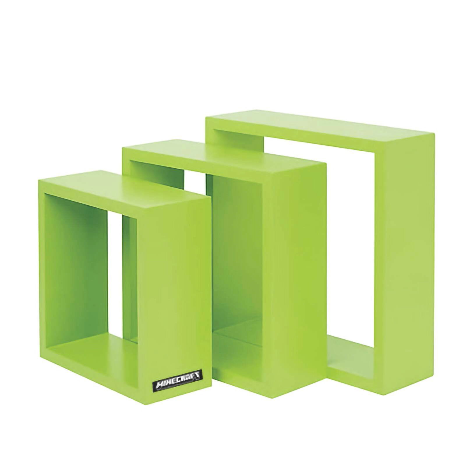Zurbrüggen Wandrek (Cube/set van 3) MINECRAFT Drei limegrüne, rechteckige U-förmige Display- bzw. Beistelltisch-Elemente in unterschiedlichen Größen, schräg von vorne in leichter Seitenansicht fotografiert.