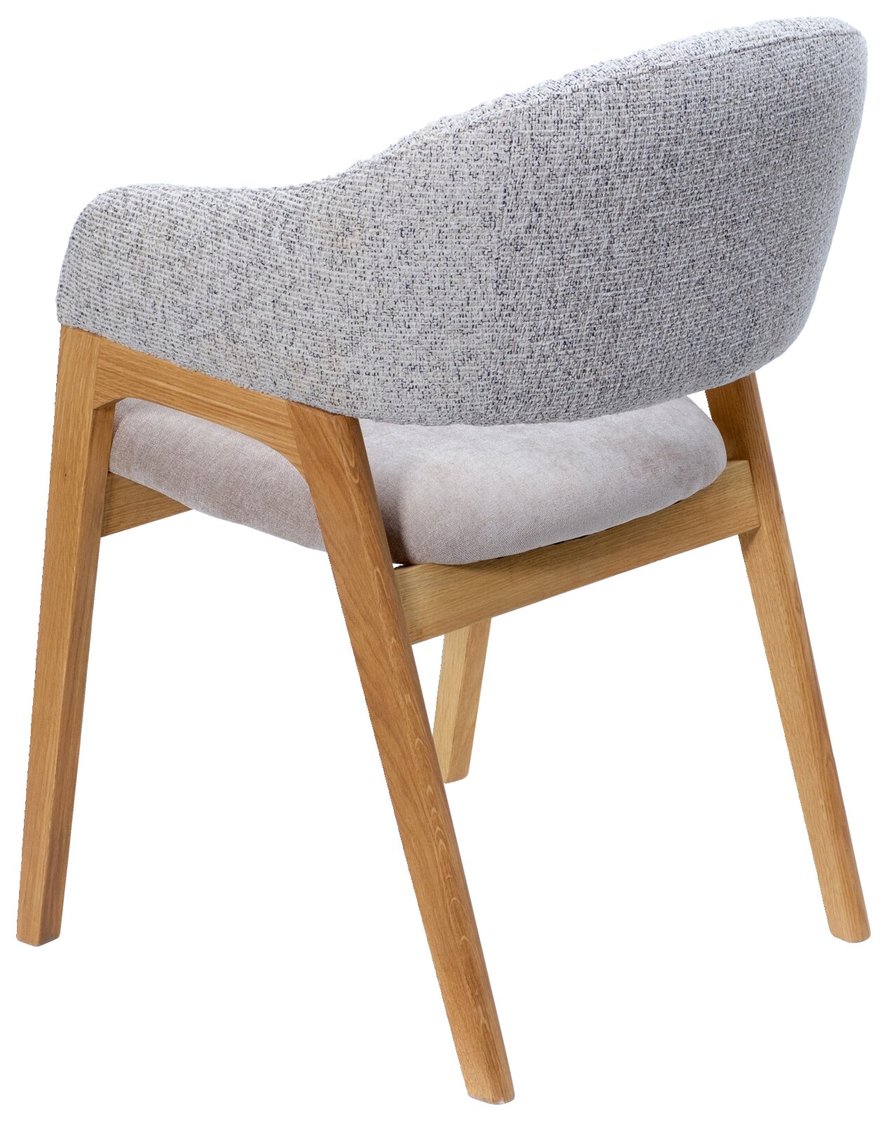 Achterkant van een moderne fauteuil met grijze stoffen bekleding en een houten frame.