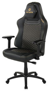 Schwarzer Gaming-Stuhl mit goldener Naht und sechseckigem Muster, seitliche Perspektive