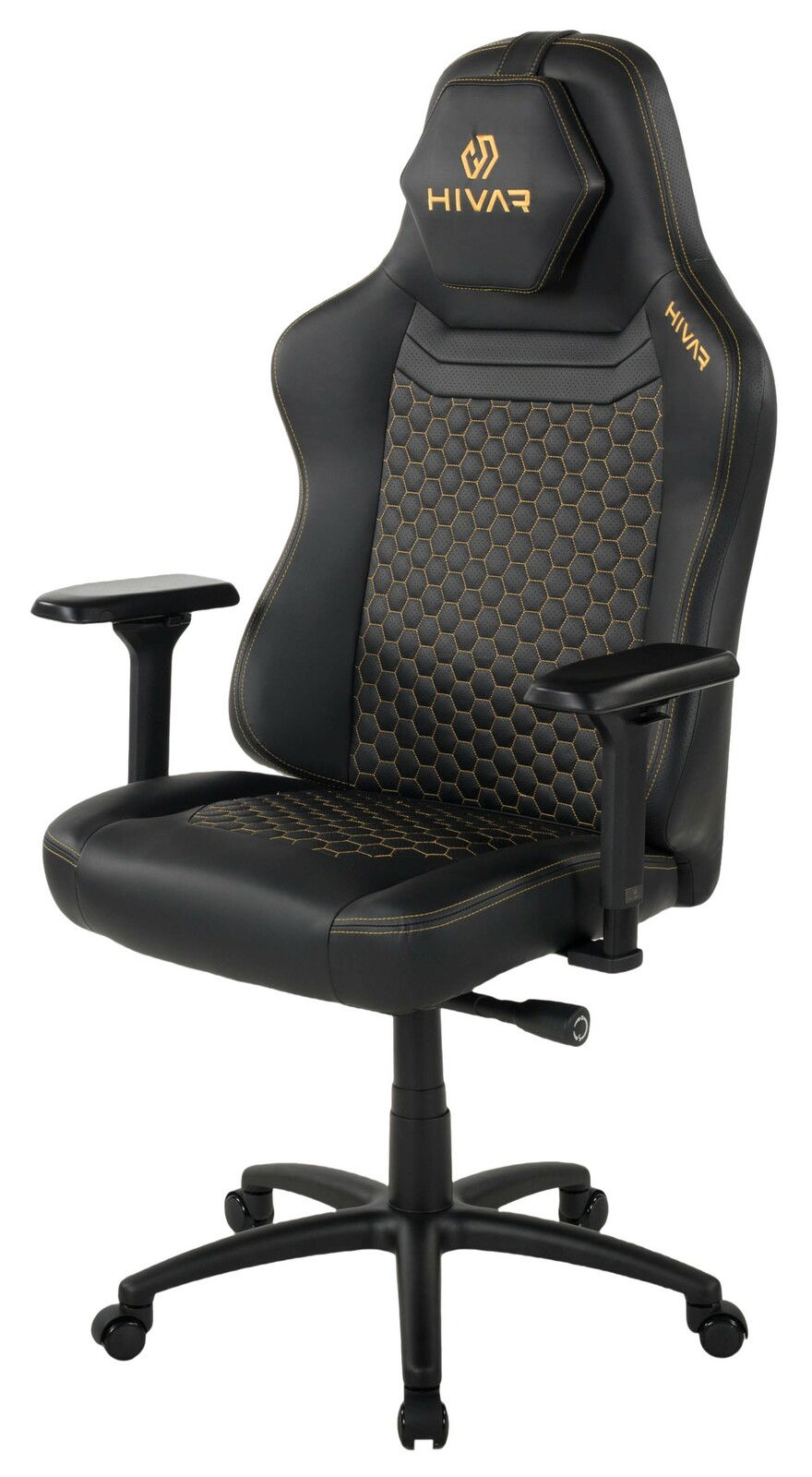 Schwarzer Gaming-Stuhl mit goldener Naht und sechseckigem Muster, seitliche Perspektive
