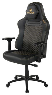 Schwarzer Gaming-Stuhl mit goldener Naht und sechseckigem Muster, seitliche Perspektive