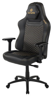 Schwarzer Gaming-Stuhl mit goldener Naht und sechseckigem Muster, seitliche Perspektive