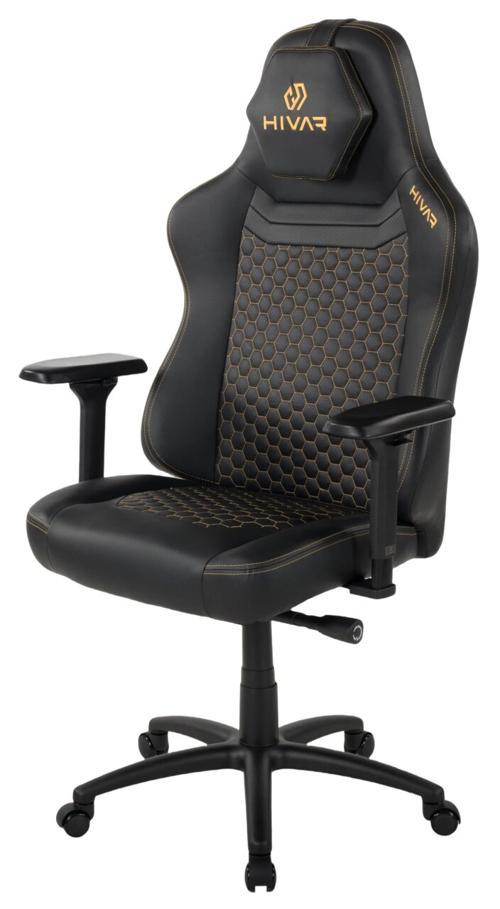 Schwarzer Gaming-Stuhl mit goldener Naht und sechseckigem Muster, seitliche Perspektive