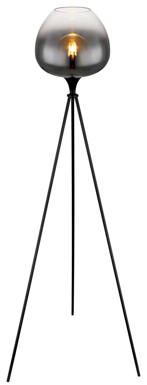 Moderne Stehleuchte MAXY mit dreibeinigem Stativ und rauchgrauem Glasschirm, frontal betrachtet.