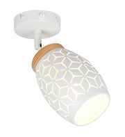 Deckenstrahler mit geometrischem Muster und Holzdetail, seitliche Perspektive