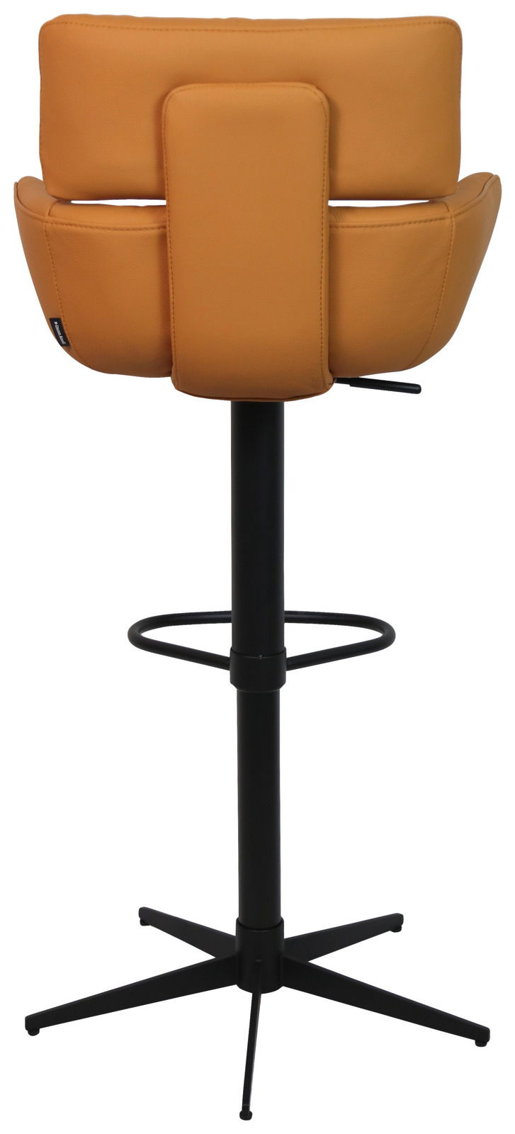 Rückansicht eines Barhockers mit orangefarbenem Polster und schwarzem Metallgestell