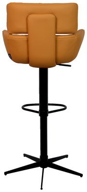Rückansicht eines Barhockers mit orangefarbenem Polster und schwarzem Metallgestell