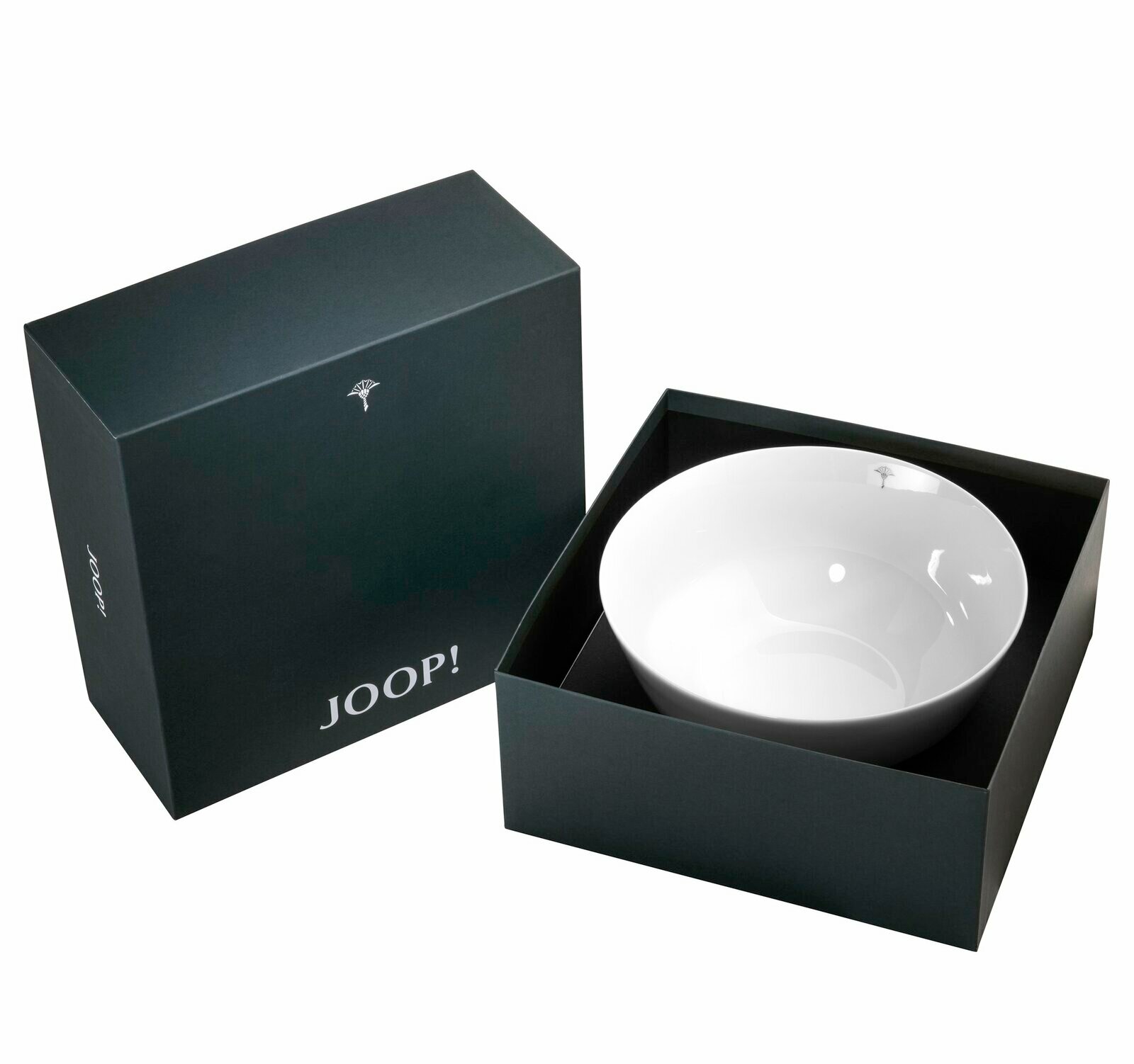 Dunkelgraue Schale mit 23 cm Durchmesser in einer eleganten schwarzen Geschenkbox, von oben fotografiert.