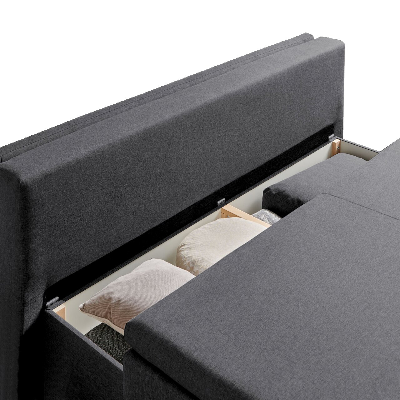Funktionssofa in grauem Stoff mit geöffneter Stauraumfunktion, seitliche Perspektive