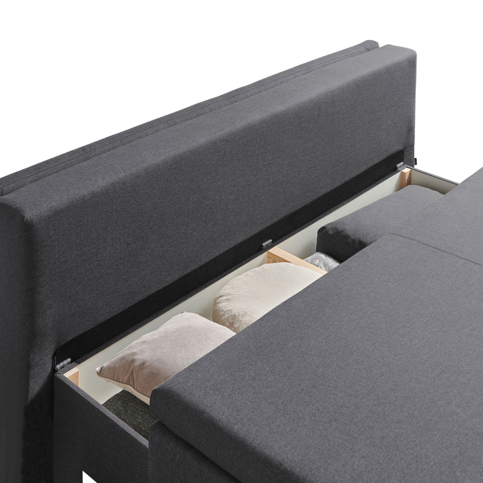 Funktionssofa in grauem Stoff mit geöffneter Stauraumfunktion, seitliche Perspektive