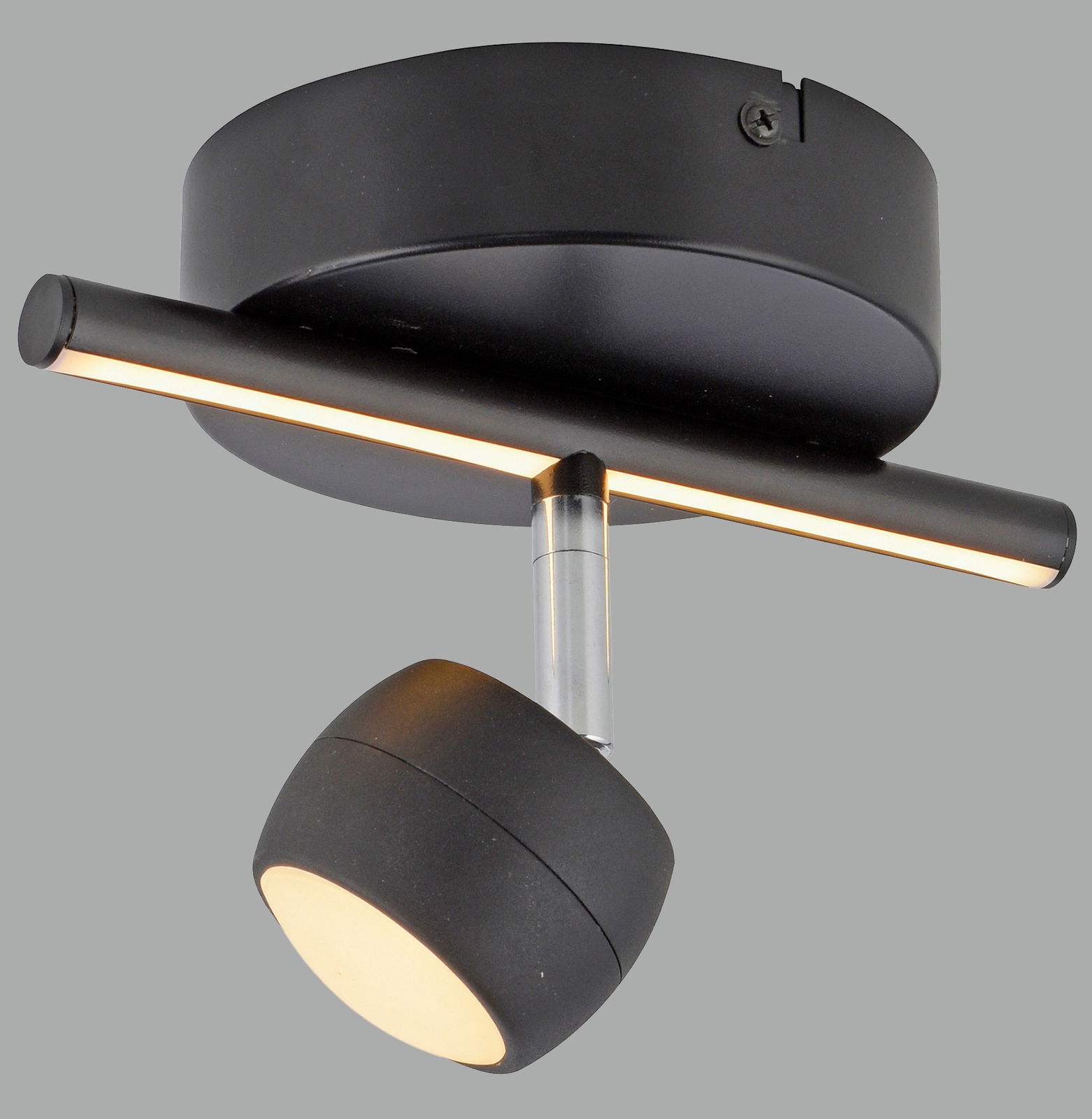 Moderne schwarze Deckenleuchte mit zylindrischem Design, seitliche Perspektive