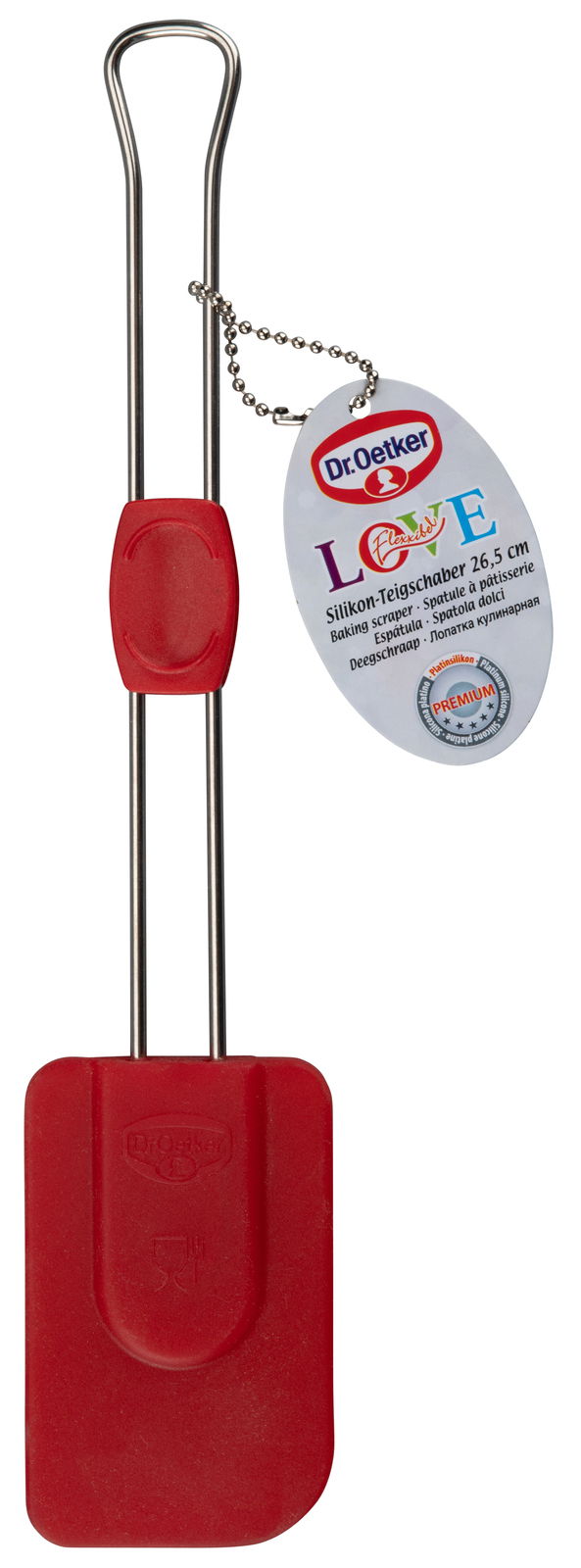 Roter Silikon-Teigschaber von Dr. Oetker, 26,5 cm lang, mit flexiblem Kopf und Metallgriff, Ansicht von vorne.
