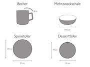 Illustration eines 16-teiligen Kombiservice-Sets mit Becher, Mehrzweckschale, Speiseteller und Dessertteller aus der Seitenansicht.