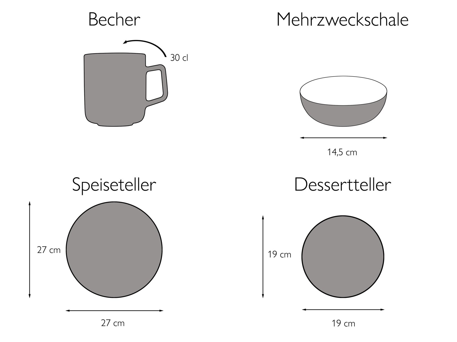 Illustration eines 16-teiligen Kombiservice-Sets mit Becher, Mehrzweckschale, Speiseteller und Dessertteller aus der Seitenansicht.