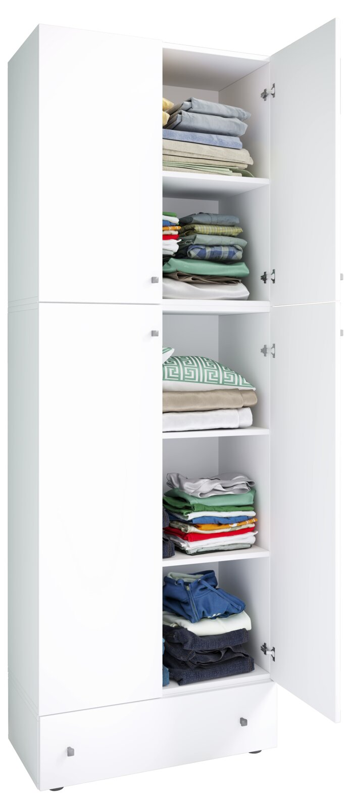 Weißer Kleiderschrank mit geöffneten Türen und gefalteter Kleidung auf mehreren Regalböden, frontale Ansicht leicht schräg von links.