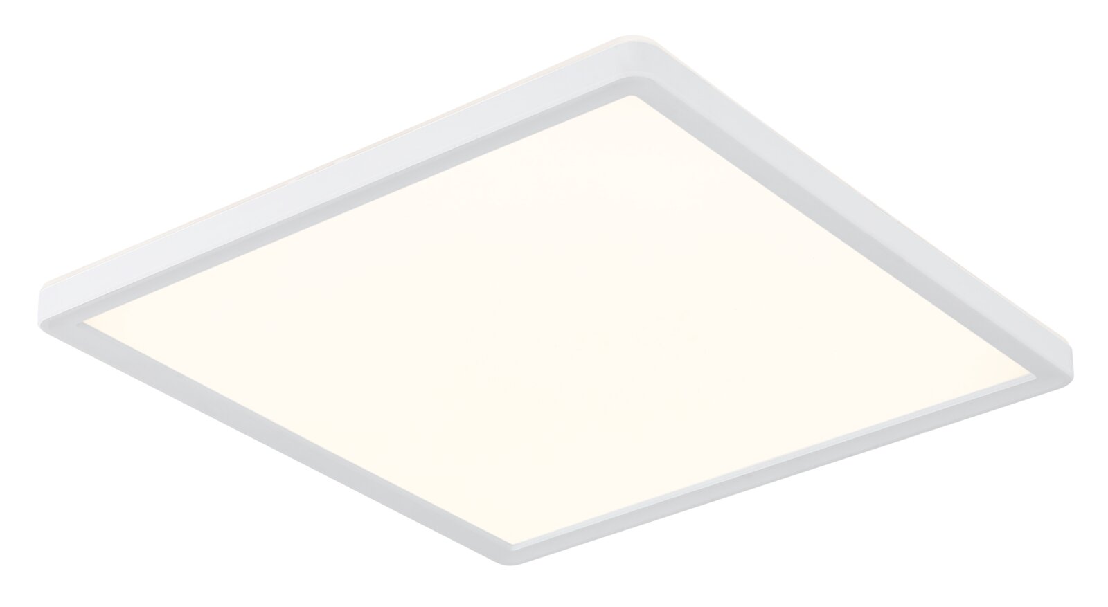 Flache quadratische LED-Deckenleuchte in Weiß mit opaler Abdeckung, schräg von unten in perspektivischer Ansicht freigestellt