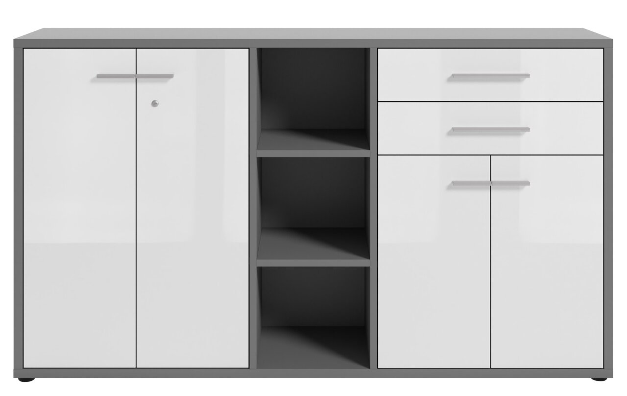 Moderner Aktenschrank mit zwei Türen, drei Schubladen und offenen Regalfächern, Frontalansicht