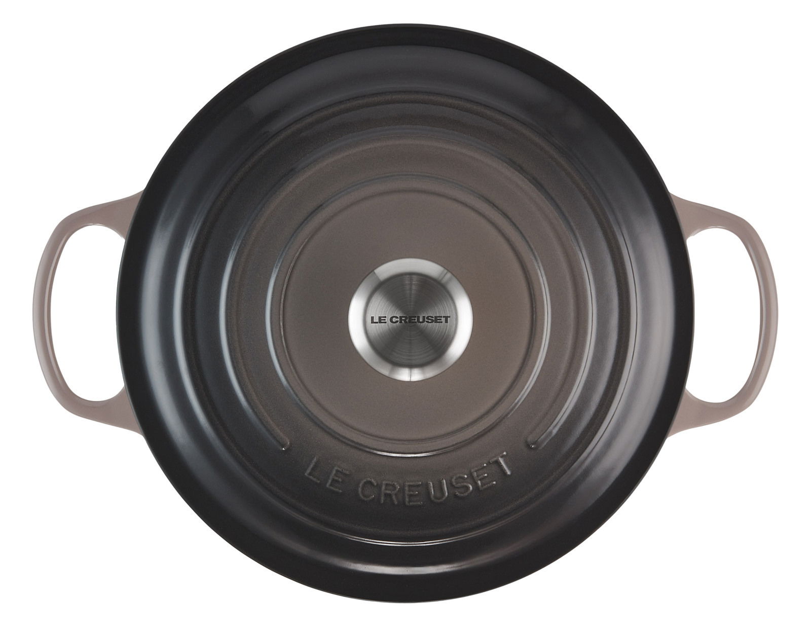 Runder Bräter 26cm in der Farbe Flint, Draufsicht mit zwei Griffen und Le Creuset Logo auf dem Deckel.