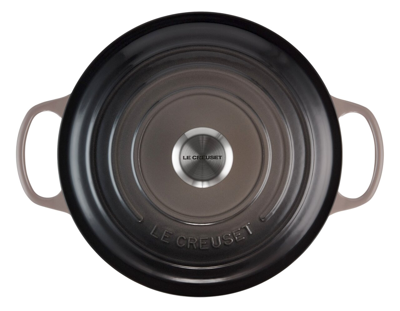 Runder Bräter 26cm in der Farbe Flint, Draufsicht mit zwei Griffen und Le Creuset Logo auf dem Deckel.