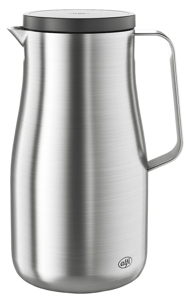 Silberne Isolierkanne Studio aus Edelstahl mit seitlichem Griff, seitliche Perspektive