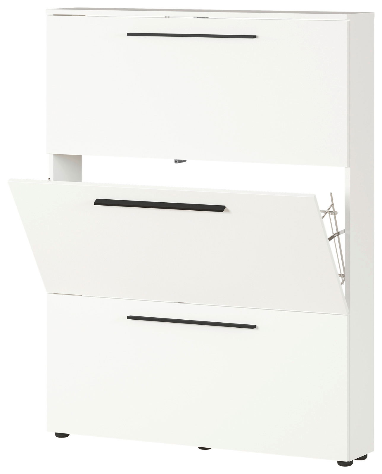 Weißer Schuhschrank mit zwei Klappen, eine davon geöffnet, aus frontaler Perspektive
