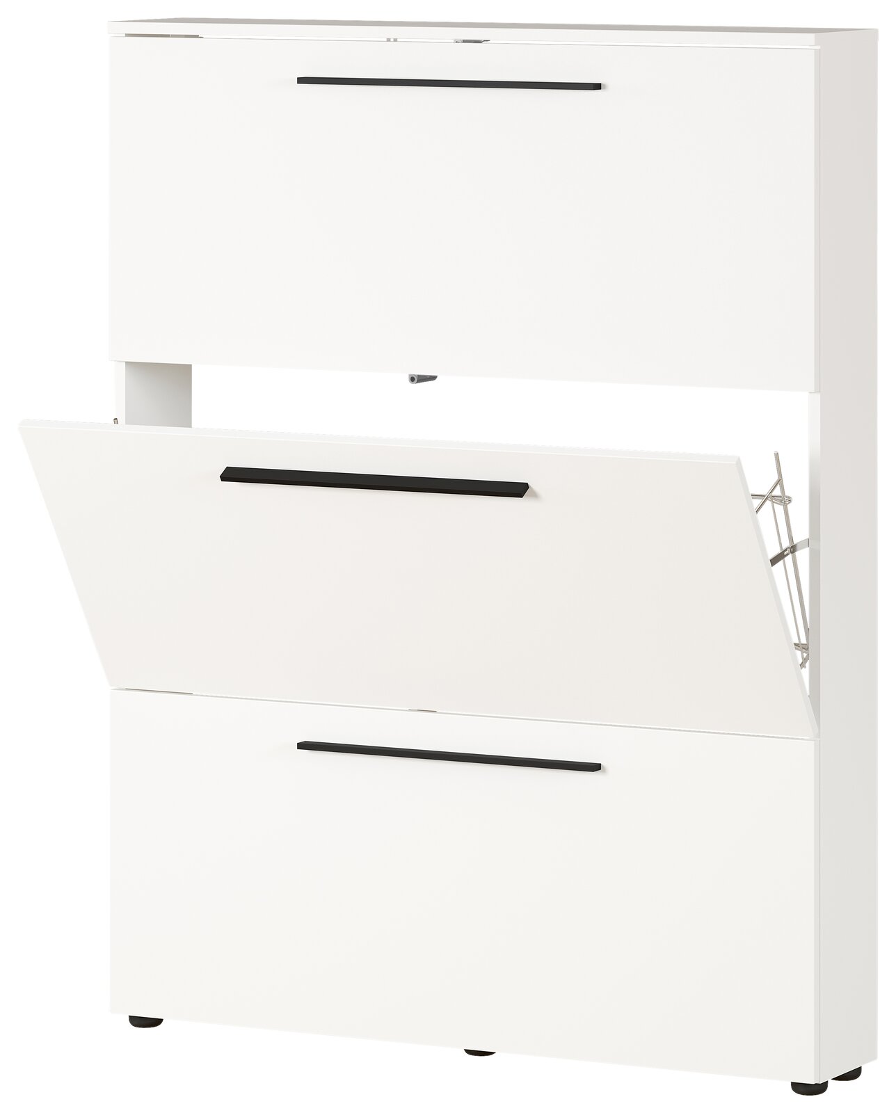 Weißer Schuhschrank mit zwei Klappen, eine davon geöffnet, aus frontaler Perspektive