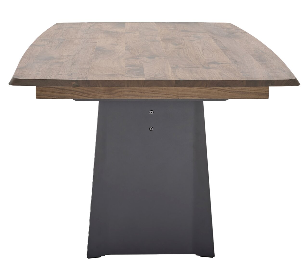 Moderne eettafel met houten blad en stevig, donker onderstel, vooraanzicht