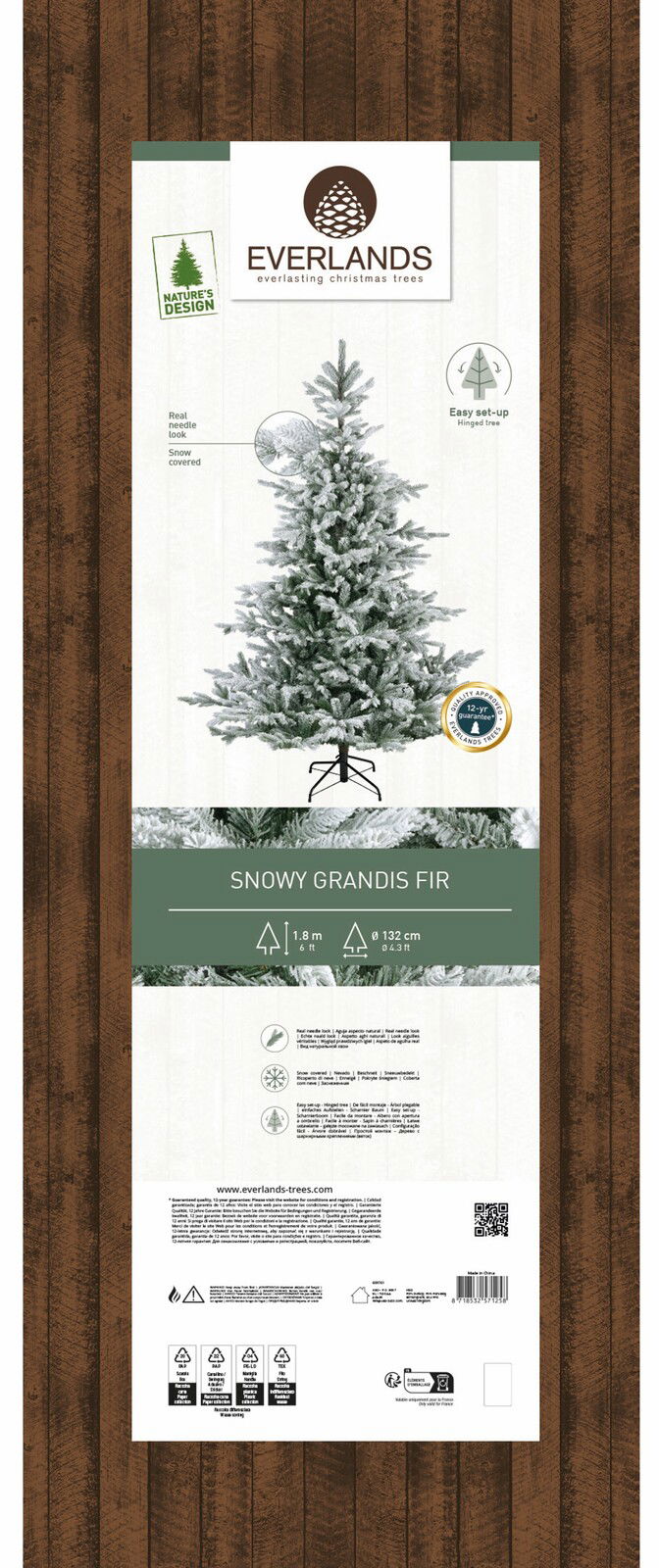 Weihnachtsbaum Snowy Grandis Fir, 1,8 m hoch, 132 cm Durchmesser, schneebedeckt, mit einfachem Klappsystem, Vorderansicht