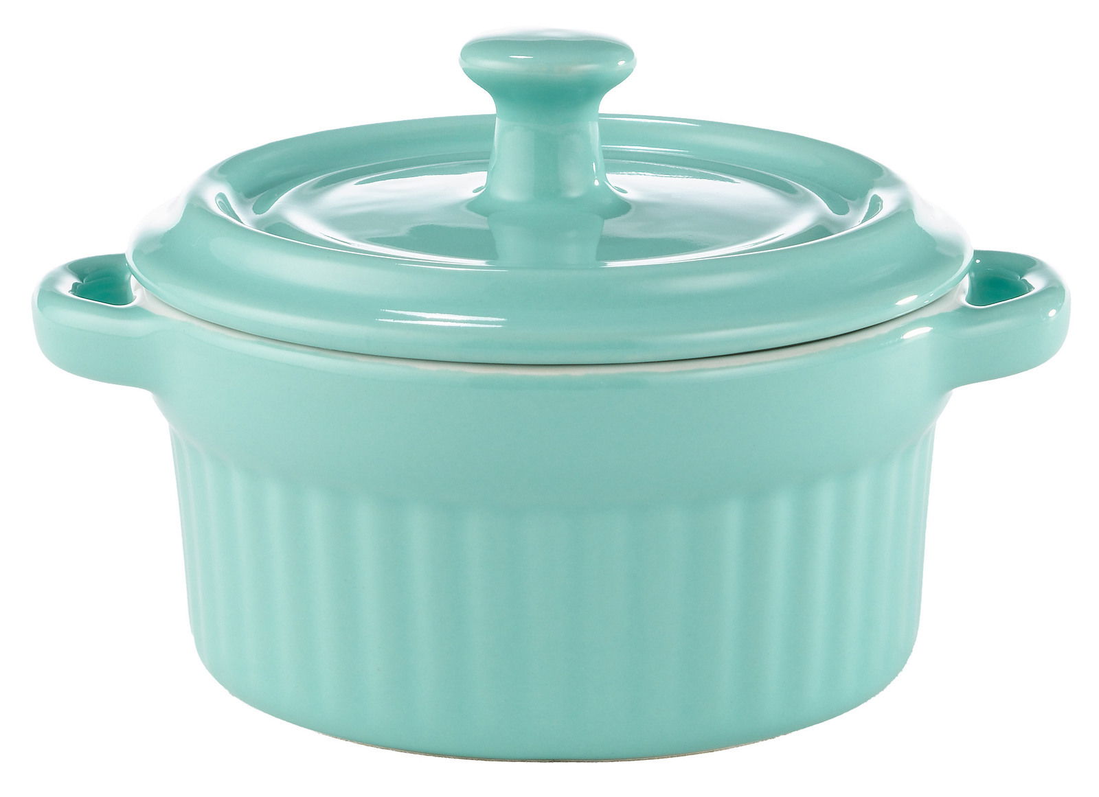 Grüne Mini-Cocotte aus Keramik mit Deckel, seitliche Perspektive