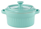 Grüne Mini-Cocotte aus Keramik mit Deckel, seitliche Perspektive