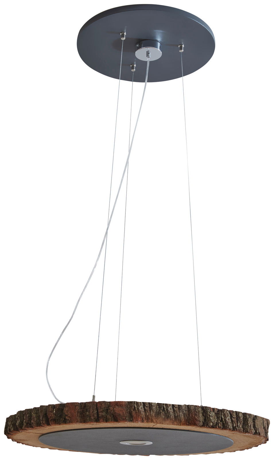 Valnatura Deckenleuchte Baumscheibe LAVIA Hängelampe aus einer Baumscheibe mit natürlicher Rinde, von unten betrachtet.