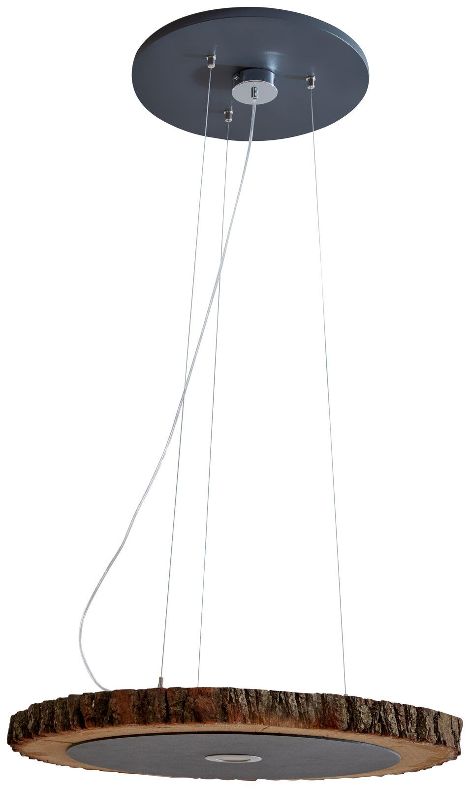 Valnatura Deckenleuchte Baumscheibe LAVIA Hängelampe aus einer Baumscheibe mit natürlicher Rinde, von unten betrachtet.