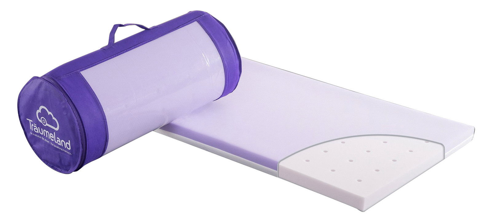 Lila Reisebettmatratze mit Tragetasche, seitliche Perspektive