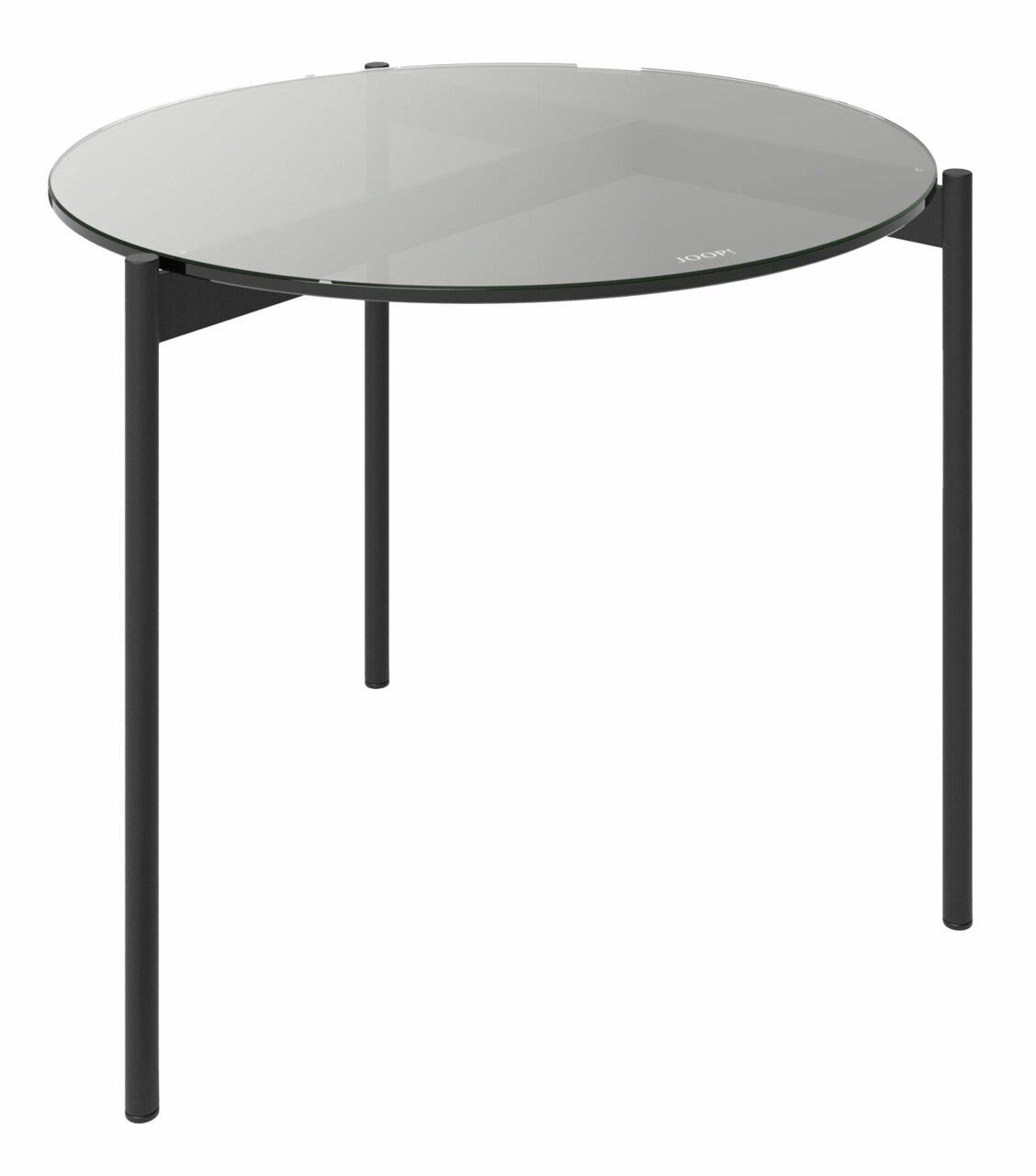 Runder Beistelltisch mit Glasplatte und schwarzen Metallbeinen, seitliche Perspektive