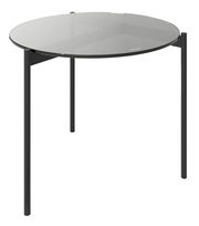 Runder Beistelltisch mit Glasplatte und schwarzen Metallbeinen, seitliche Perspektive