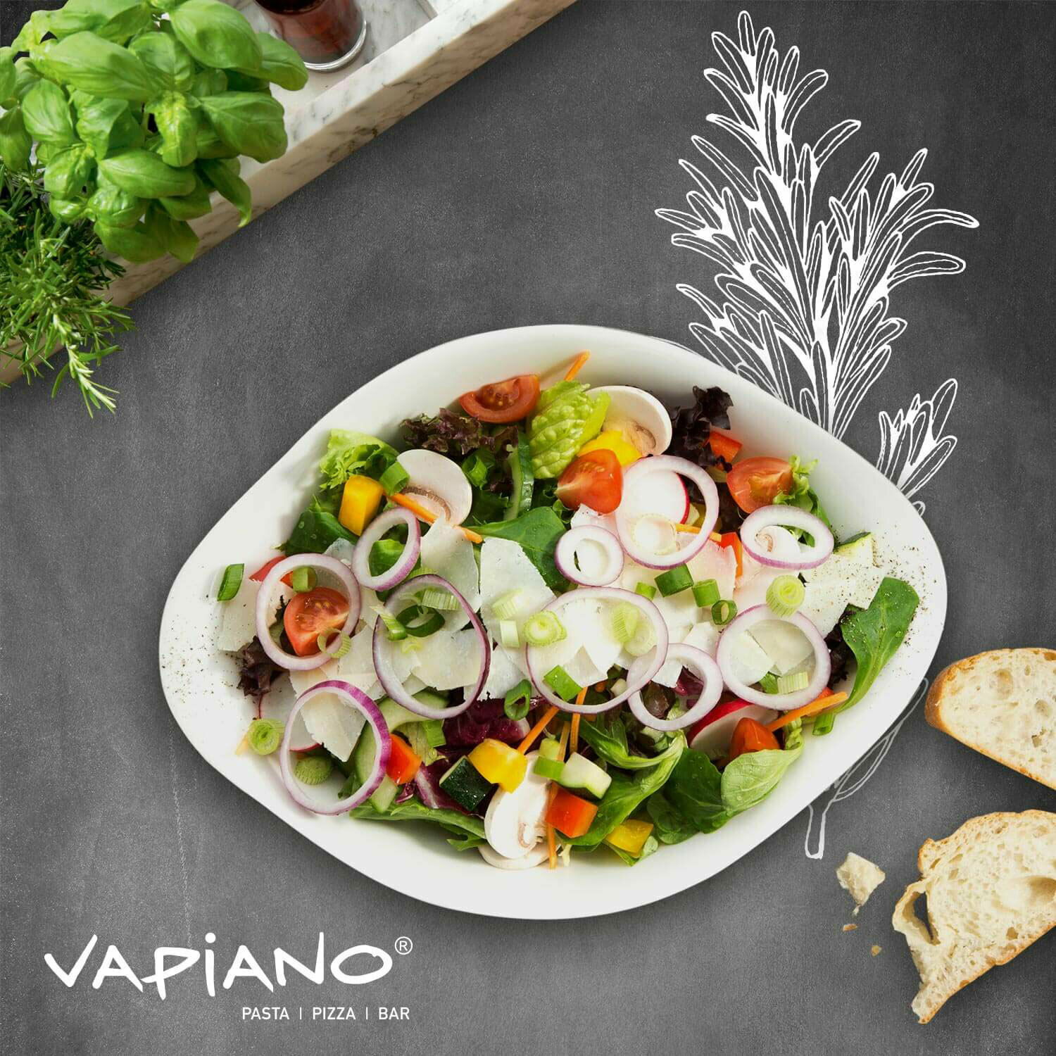 Frische Salatschüssel mit verschiedenen Gemüsesorten aus der Vogelperspektive, umgeben von Kräutern und Brot, auf einer Tafel mit Vapiano-Logo.