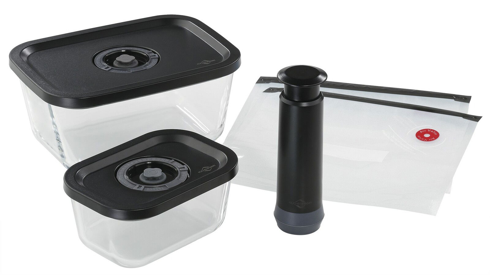 KÜCHENPROFI Vakuumier-Set 5-tlg. EASYFRESH Vakuumier-Set EASYFRESH, 5-teilig, bestehend aus zwei rechteckigen Behältern mit schwarzen Deckeln, einer Vakuumpumpe und zwei Vakuumbeuteln, aus der Vogelperspektive.