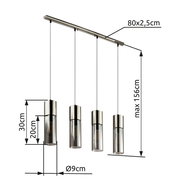 Moderne Hängeleuchte mit vier zylindrischen Lampenschirmen aus Metall und Glas, Gesamtbreite 80 cm, maximale Abhängung 156 cm, seitliche Perspektive.