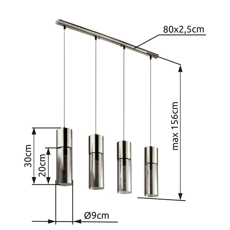 Moderne Hängeleuchte mit vier zylindrischen Lampenschirmen aus Metall und Glas, Gesamtbreite 80 cm, maximale Abhängung 156 cm, seitliche Perspektive.