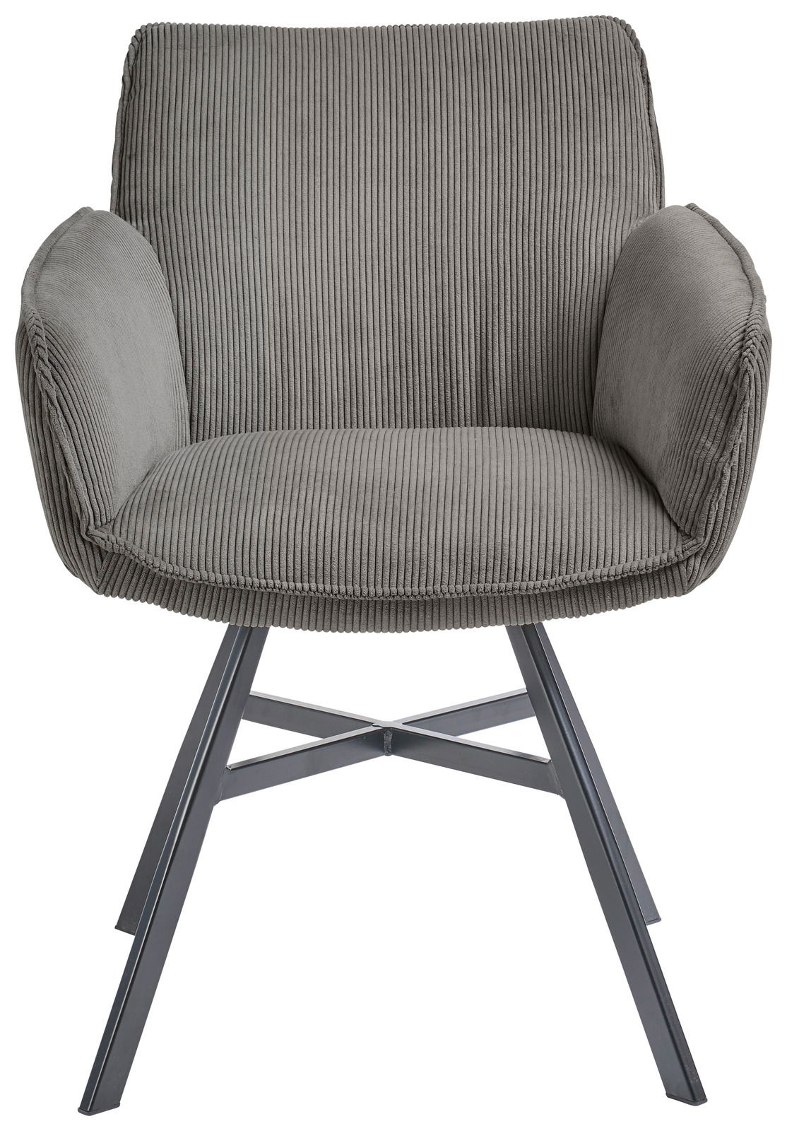 Grauer Armlehnstuhl mit geripptem Stoffbezug und Metallbeinen, Vorderansicht