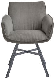 Grauer Armlehnstuhl mit geripptem Stoffbezug und Metallbeinen, Vorderansicht