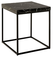 Moderner Couchtisch mit schwarzer Marmoroptik und Metallgestell, seitliche Perspektive