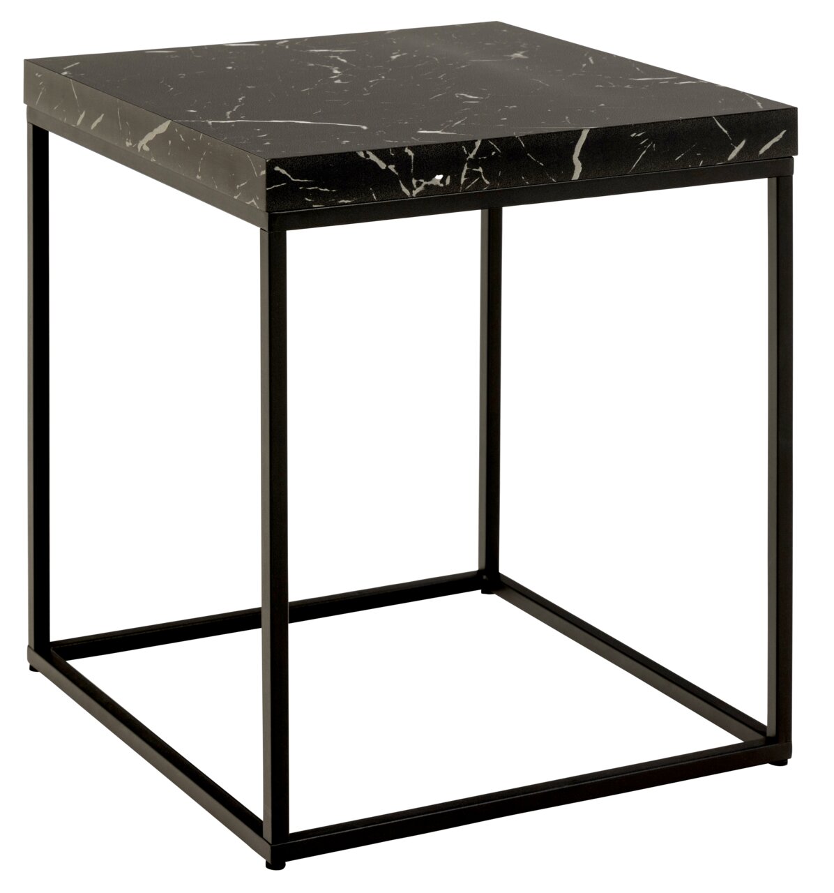 Moderner Couchtisch mit schwarzer Marmoroptik und Metallgestell, seitliche Perspektive