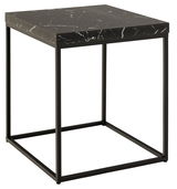 Moderner Couchtisch mit schwarzer Marmoroptik und Metallgestell, seitliche Perspektive