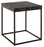 Moderner Couchtisch mit schwarzer Marmoroptik und Metallgestell, seitliche Perspektive